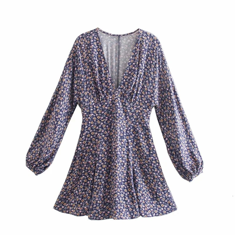 

New 2021 Purple Floral Short Woman Vintage Puff Long Sleeve Dress Women Elastic Waist Chic Ladies Dresses Q9hs