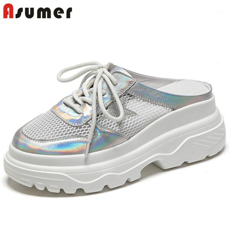 

ASUMER 2020 top quality genuine leather shoes women slipper round toe mesh cross tied comfortable flat platform slipper woman1, Silver