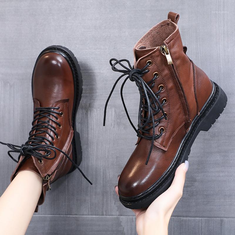 

LAASIMI Women Winter Cow Leather With Fur Motorcycle Boots For Ladies Lace Up Ankle Autumn Boots Shoes Woman Warm Boot1, Black