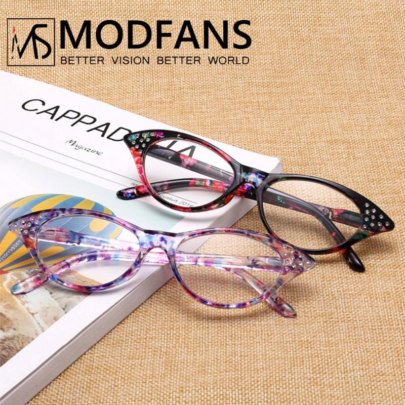 

Women Cat Eye Reaidng Glasses Retro Flower Print Diamond Frame Presbyopic Readers Ladies Diopter Farsighed With Pouch
