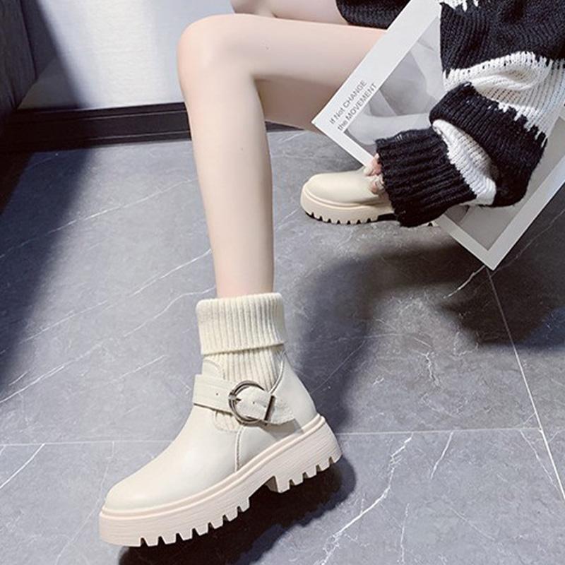 

Women Knitted Ankle Boots Short Warm Shoes Casual Famele Footwear Ladies Boots Square Heels Platform Shoes Fashion Buckle, Black