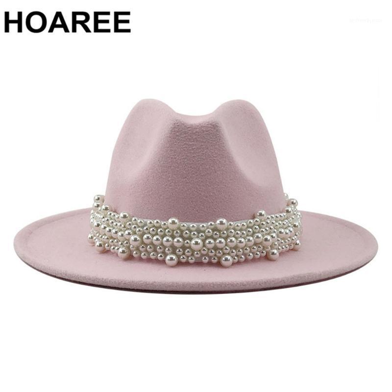

Stingy Brim Hats Pink Jazz Fedora Wedding Women Pearl Felt Hat White Elegant Ladies Woolen Panama Trilby Formal Party Cap 58-61CM1