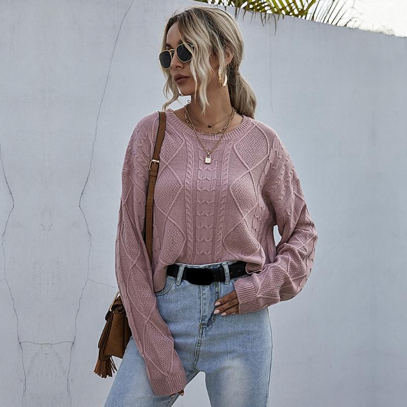 

Women Long Sleeve Knitted Twist Sweater Round Neck Solid Color Loose Pullover, As pic