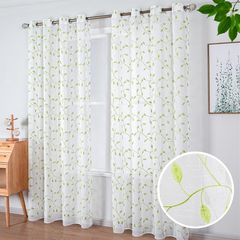 

Embroidered Tulle Curtains for Living Room Bedroom Kitchen Tree Green Leaves Modern Voile Sheer Curtains Window Treatment Drapes, Leaf tulle