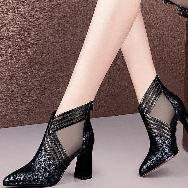 

35-40 Fashion Solid Mesh High Heels Pointed Toe Cross Lines Decoration Ankle Lady Boots Grace Women Ventilate Boots Blue/black1, 1 black