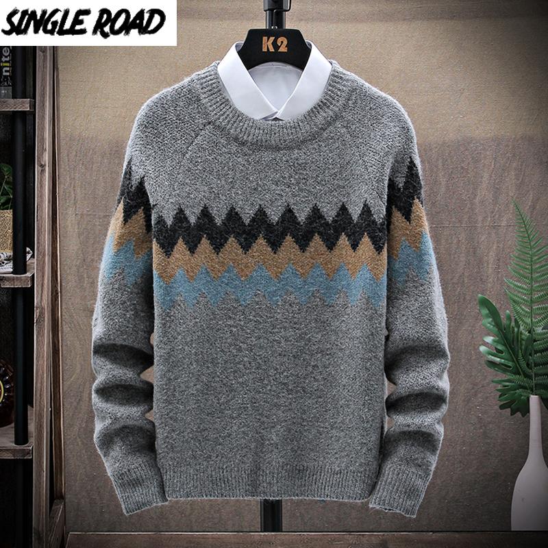 

SingleRoad Mens Knitted Sweater Men 2020 Winter Vintage Patchwork Sweaters Pullover Jumper Harajuku Korean Grey Sweater Men