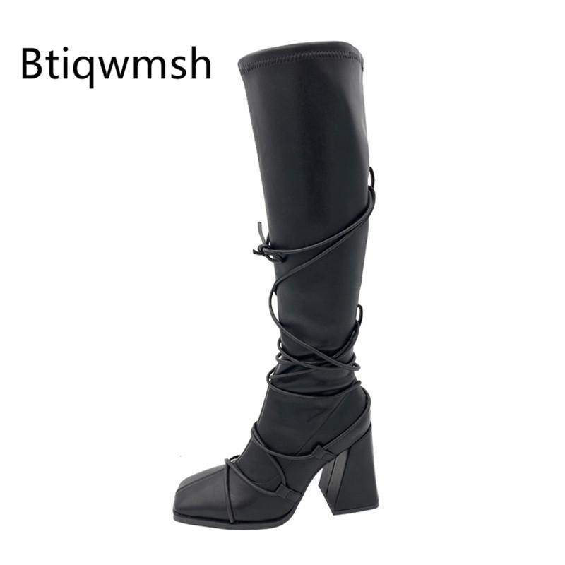 

2020 Sexy Bandage Knee Boots Women Square Toe Strange High Heel Boots Female Stretch Long, Multi