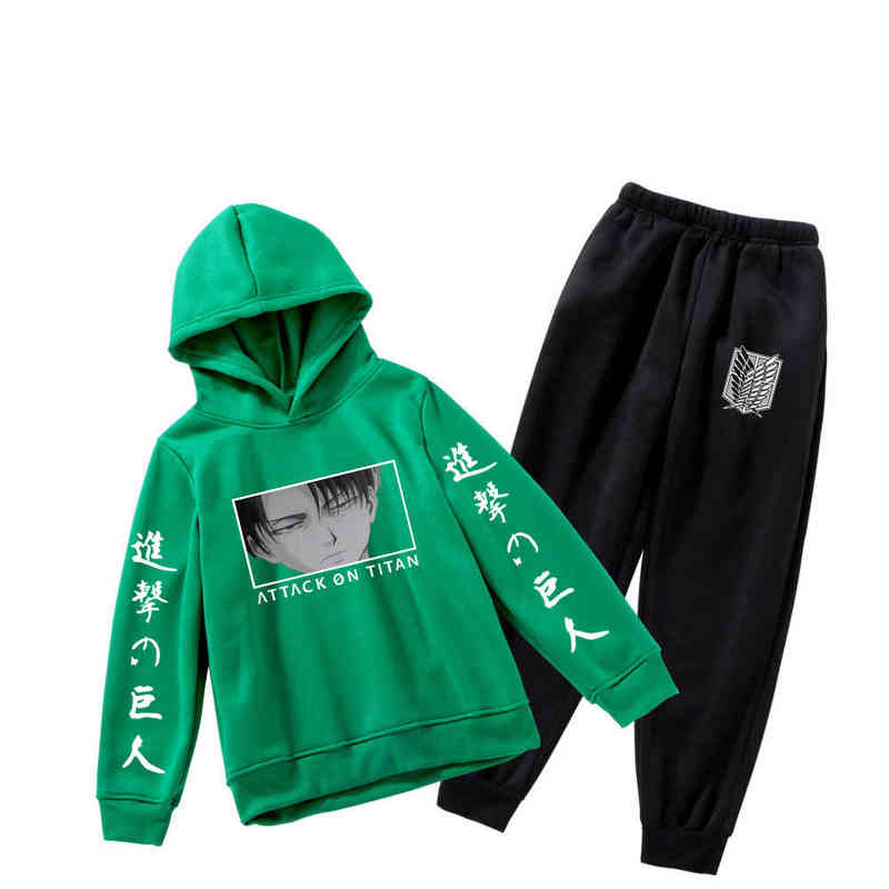 

Autumn Anime Attack on Titan Green Sweatshirt and Black Pants Two Piece Kids Sets Casual Boys Girls Hoodie+Sweatpants Suits G1222, As picture