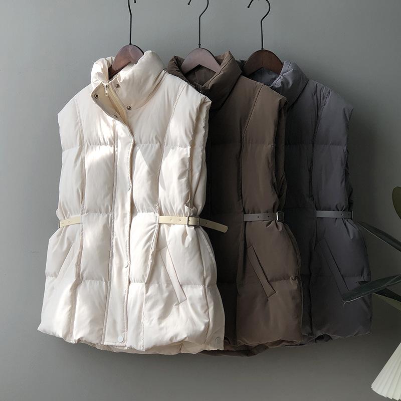 

2021 Winter Simple Women's Solid Colour Loose Vest Drawstring Stand Collar Vest Cotton Padded Slim Windproof Warm Waistcoat