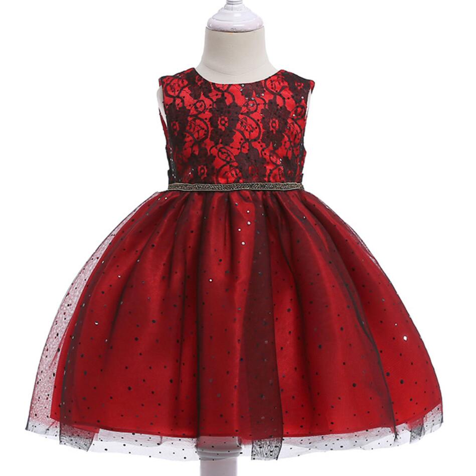 

2020 Dresses Children Princess Diamond Girls Lace Embroidery Gauze Dance Performances Sleeveless Big Bow Dress, Red