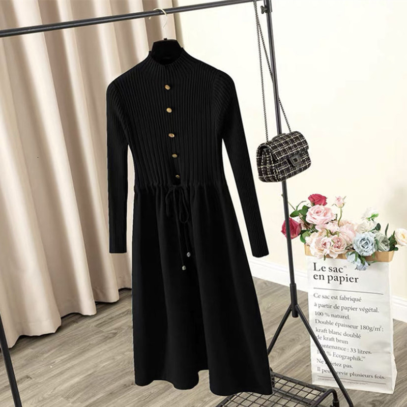 

2021 New Elegant Long Women Knit a Line Autumn Winter Thick Warm Sweater Dresses Button Drawstring Midi Pleated Dress Lady 4k6p, Green