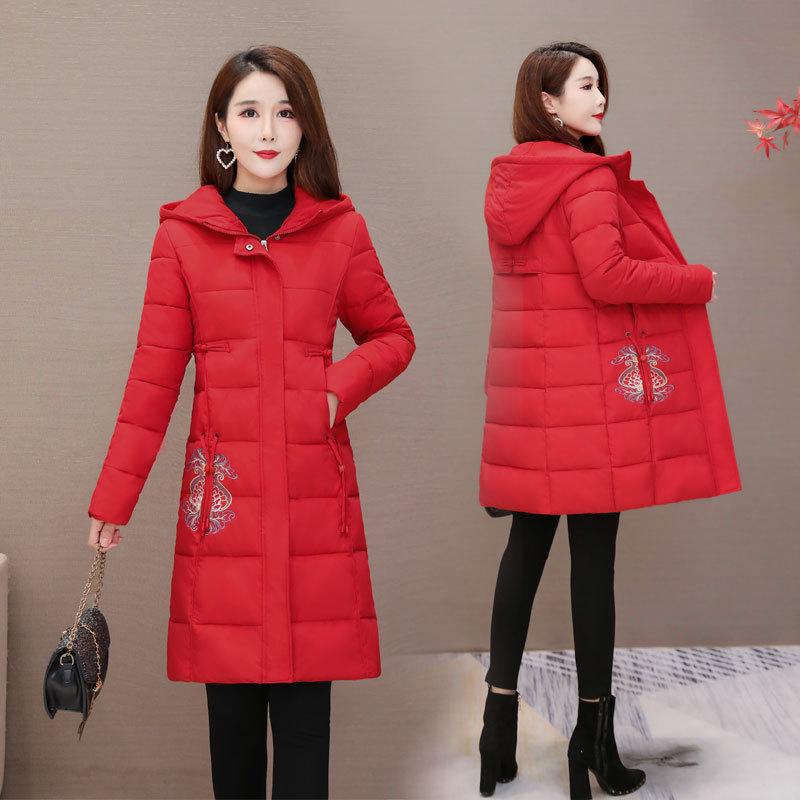 

2020 Fashion Chinese Parkas Coat Winter Women's Jacket Cotton-padded Embroidery Padded Coat Ladies Long Slim Warm Jackets, Blue
