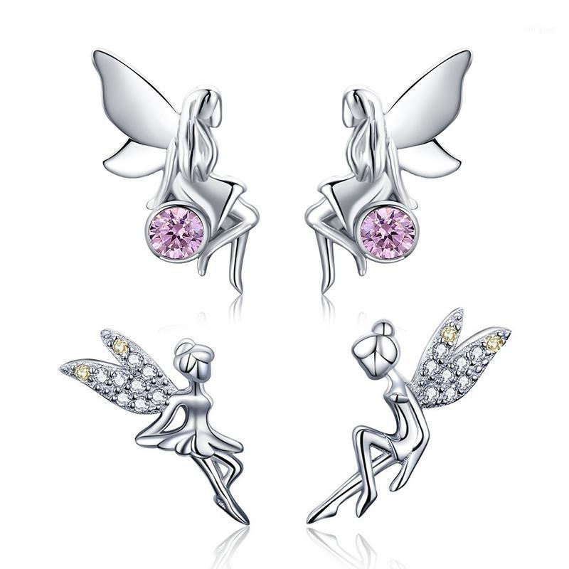 

Stud WOSTU Fairy Elf Earrings 925 Sterling Silver Flower Pink CZ Small For Women Wedding Engagement Jewelry Gift FIE3951