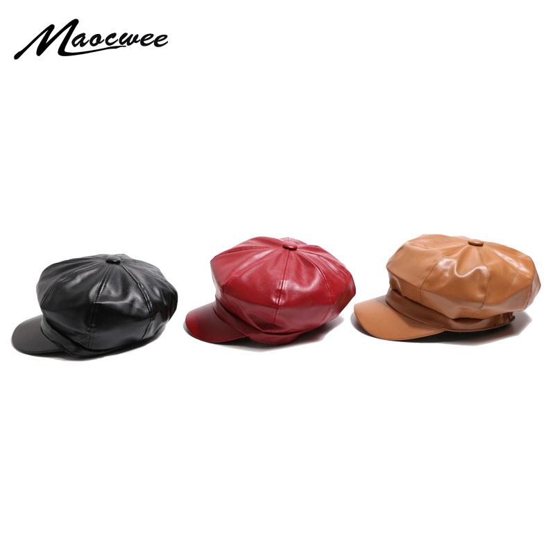 

Berets Spring Fashion Female PU Leather Octagonal Cap Male Retro Painter Spaperboy Hat Men And Women Models Beret, Black