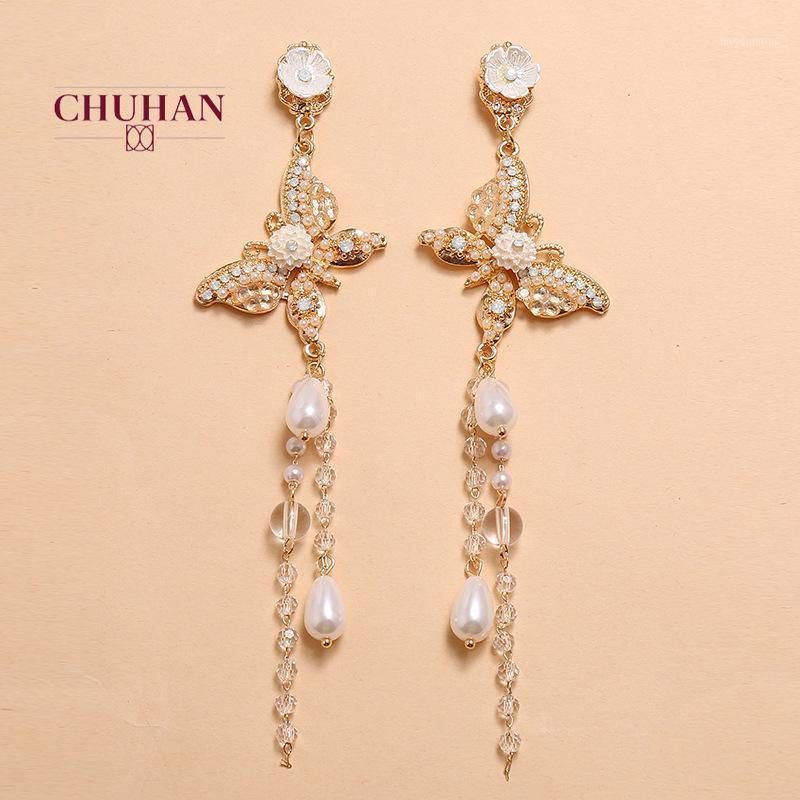 

CHUHAN Fashion Personality Simple Trend Pearl Tassel Earrings Retro Exquisite Butterfly Long Earrings Romantic Stud Earring J2581