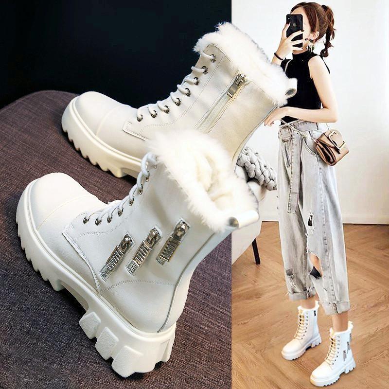 

Women 8cm Increased Internal Ankle Boots PU Leather Wedges High Heel Shoes Fashion Winter Platform Plush Snow Boots Black White