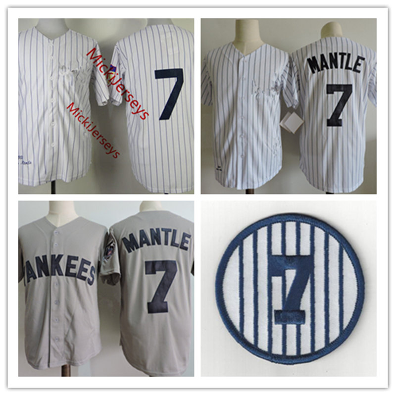 

Mens #7 Mickey Mantle Jerseys Stitched white grey Mickey Mantle retirement Patch baseball Jersey S-3XL, Grey with name