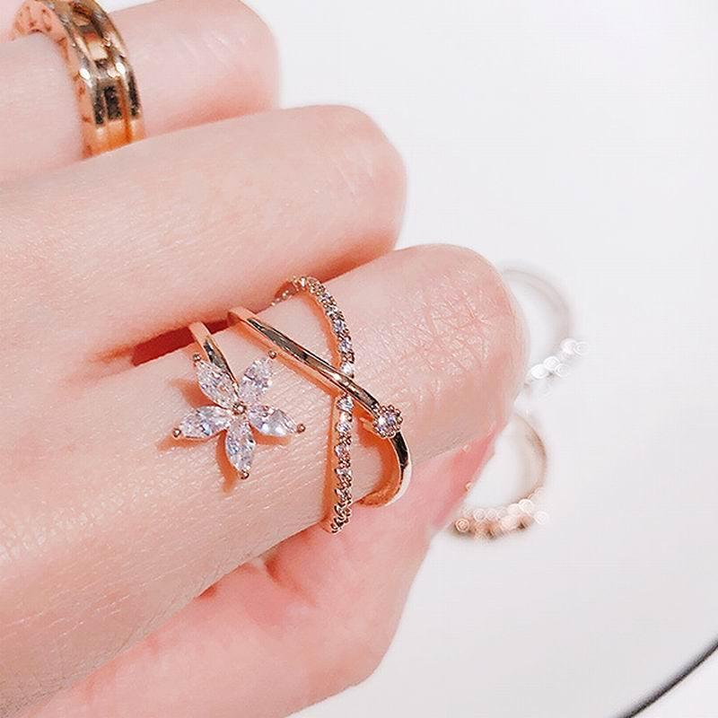 

Band Rings 2022 For Women Shinning Zircon Flower Criss Cross Open Ring Adjustable Jewelry Bijoux Rose Gold/Silver Color