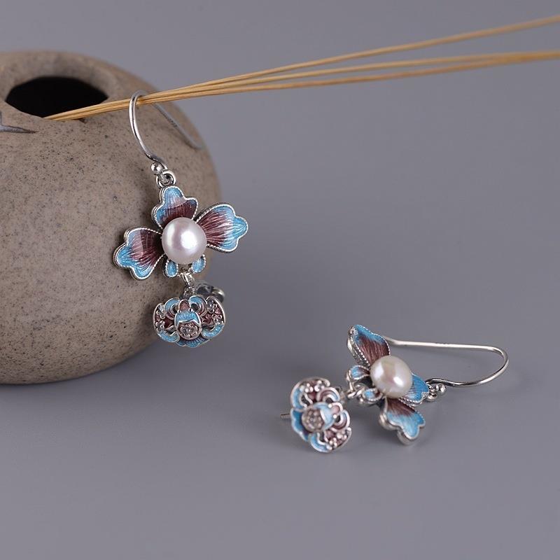 

Original design natural synthetic pearl lotus leaf enamel porcelain Earrings minority women silver brand jewelry
