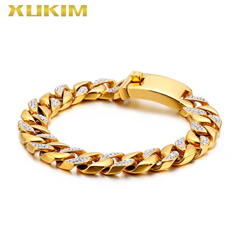 

Xukim Jewelry stainless steel bracelet men gold bangle 220mm sliver zircon bracelet punk hip hop jewelry dropshipping KBO216