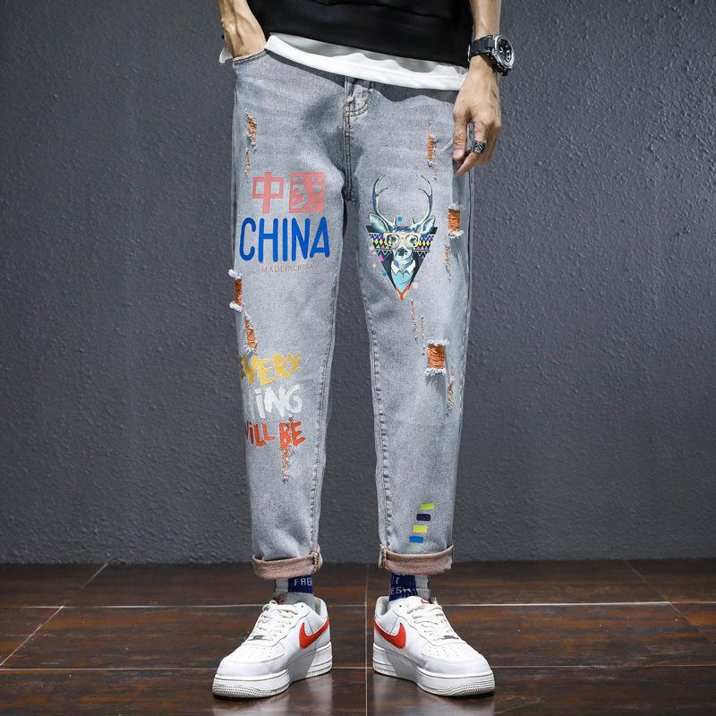 

2020 Spring And Summer New Fashion Trend Korean Version Of The Couple Casual Hole Printing Nine Points Sports Jeans Hip Hop Best, Blue