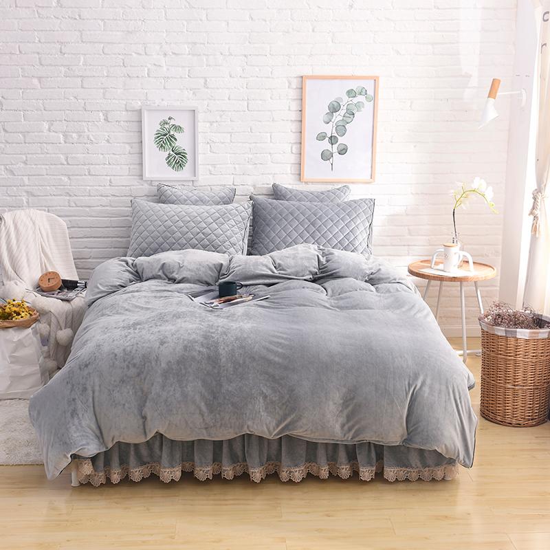 

Crystal Velvet Pure Color Lace Bedding Set Winter Fleece Duvet Cover Quilted Thick Bed skirt Pillowcases Queen King size 4/6pcs, Aml3