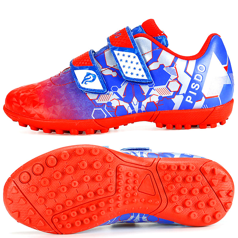 

Futsal Fashion Shinny Hook-Loop Soccer Indoor Letter Pringting Short Spike Football Shoes futbol 2020 Kids, Red 805