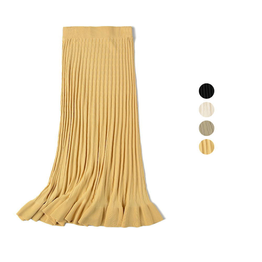 

2021 New Vintage Winter Women Thick Sweater Skirt Elastic High Waist Pleated Midi Knitted A-line Female Solid Elegant Skirts Xjbn, Green