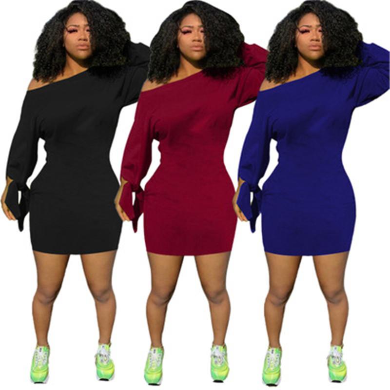 

Ladies Oblique Shoulder Dress Fashion Long Sleeve Round Neck Short Skirt Designer Female New Knotted Sleeves Casual Solid Color Loose Dress, Wine red