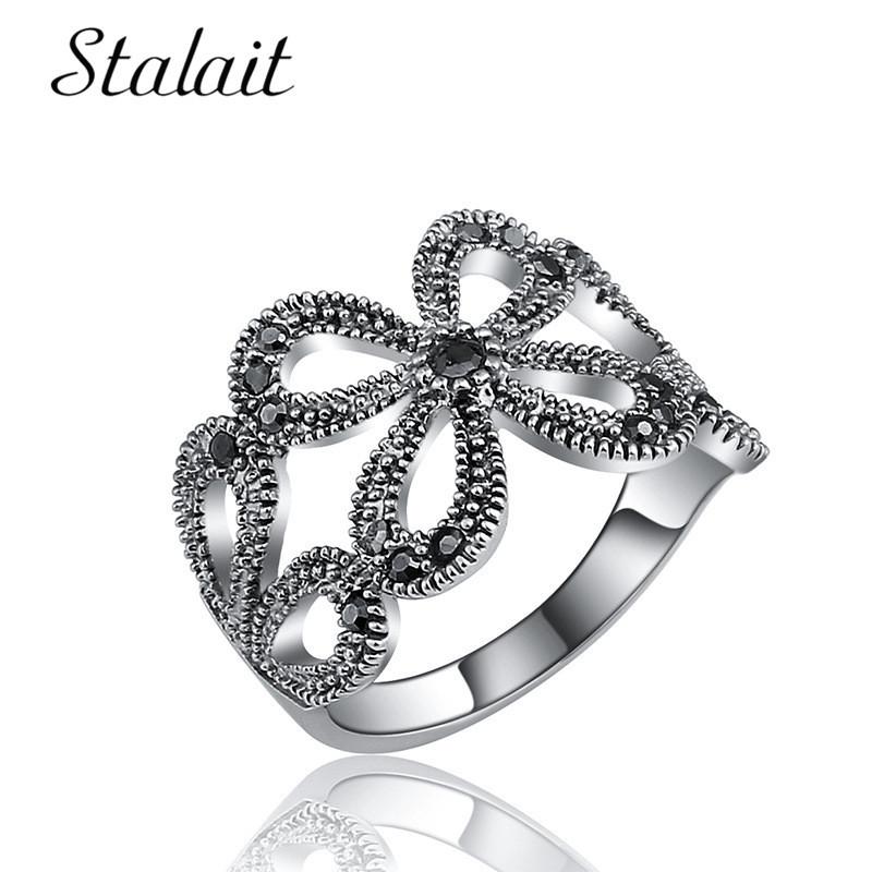 

Bohemian Daisy Flower Hollow Ring Trendy Black Crystal Ancient Silver Color Ring For Women Engagement