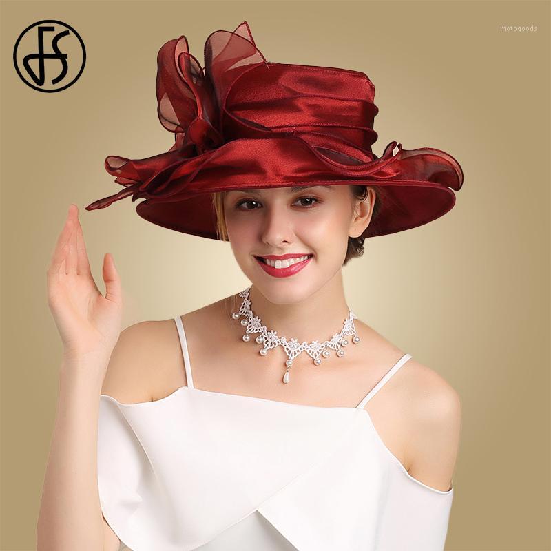 

FS Sun Wedding Hats For Women Elegant Fashion Wide Brim Pink Hats Bowknot Fedoras Vintage Red Hat1, Watermelon red
