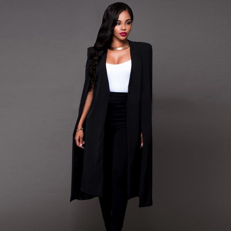 

Plus Size England Style Cloak Cape Long Blazer Solid Women Clothes Fashion Loose Causal 2020 Autumn Black White Jacket and Coat