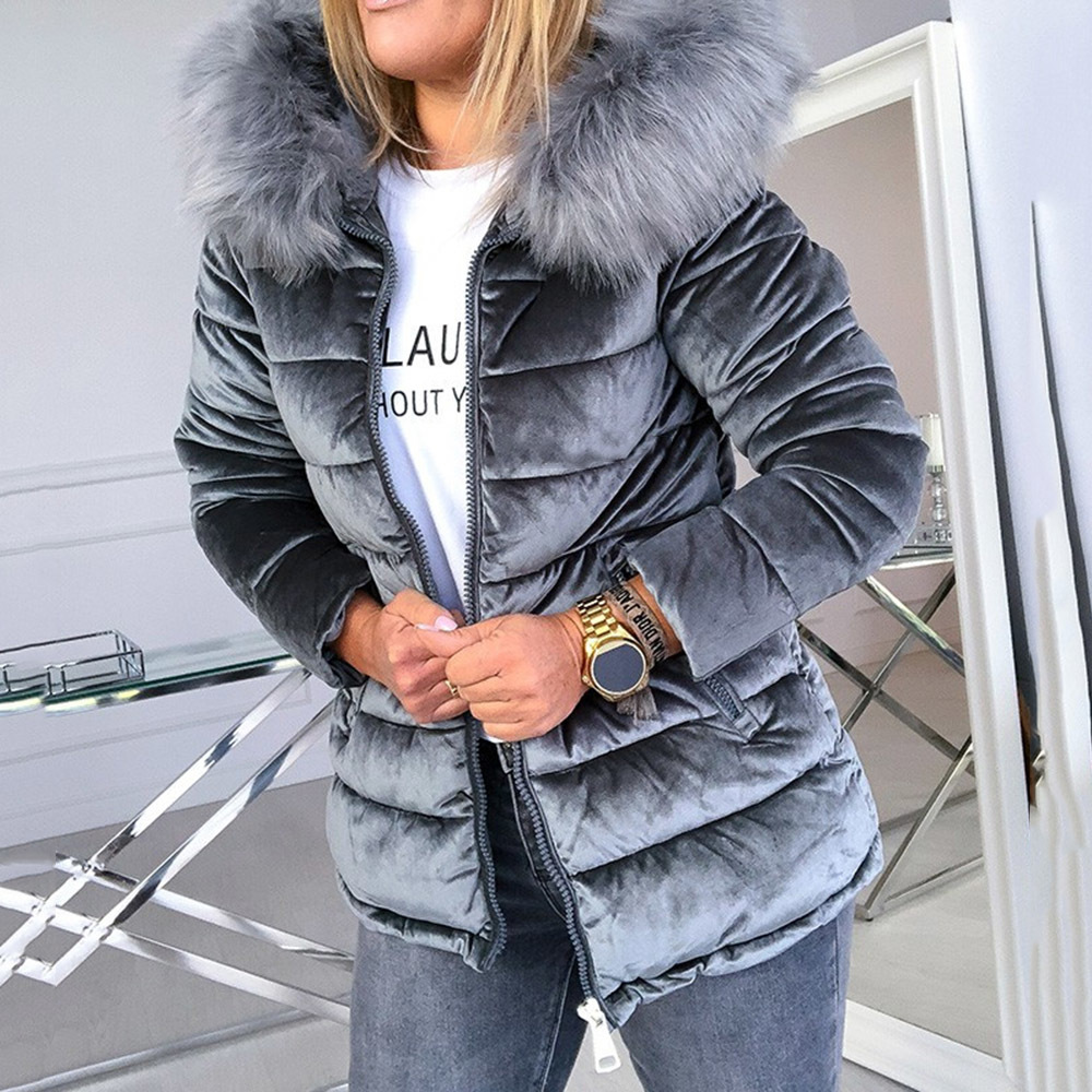

2021 Winter Velvet Jacket Women' Coat Cotton Quilted Pink Gray Jackets Plus Size 4xl Hood Thick Fur Collar Basic Snow Outerwear L0qt, Black 3