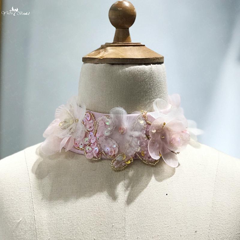 

RSB36 Gift Pink Fabric 3D Flowers And Gold Beaded Collar Choker Necklace For Kids Birthday, Garter For Birde