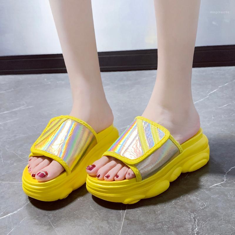 

White Yellow Platform Wedge Slippers Sandals Women Colorful Pu Leather Open Toe Slides Summer Outdoor Thick Sole Slippers 20201