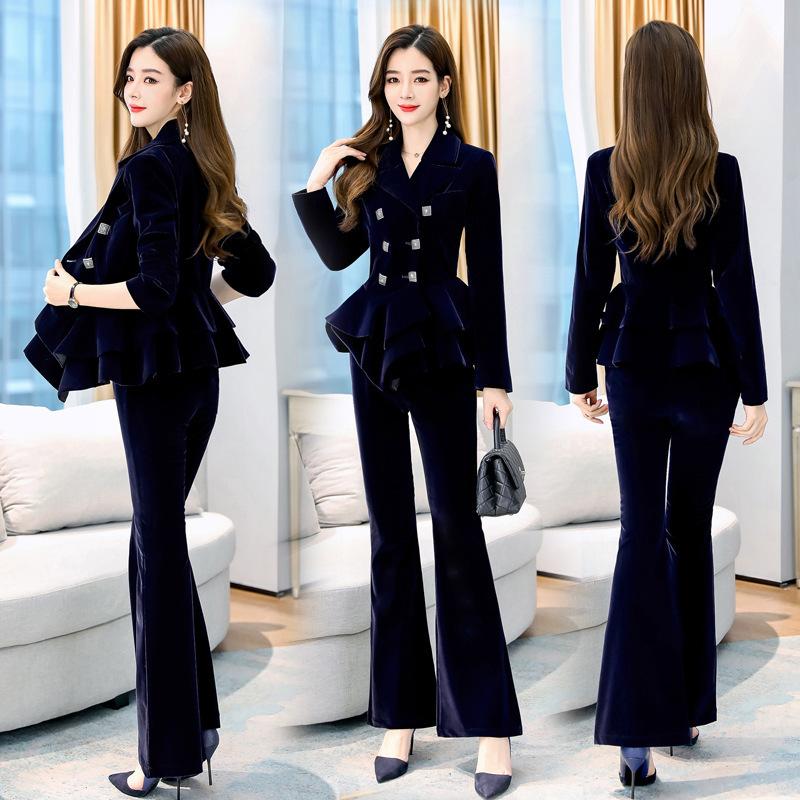 

professional suit women fall and winter fashion suits temperamental goddess brim minus age two-piece velvet suit, Black