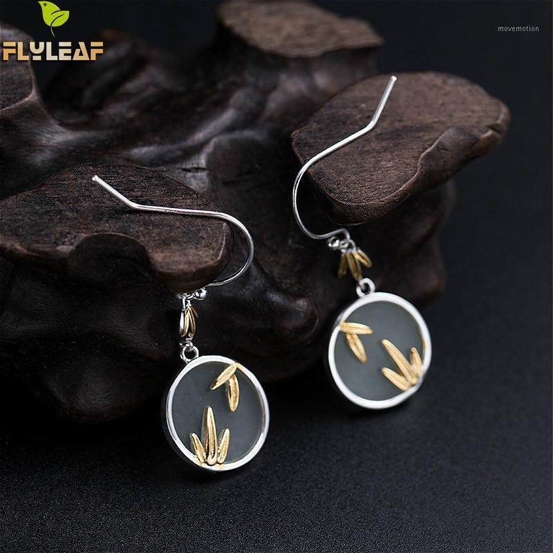 

Flyleaf Real 925 Sterling Silver Gold Bamboo Leaves Round Jade Drop Earrings For Women Chinese Style Handmade Vintage Jewelry1