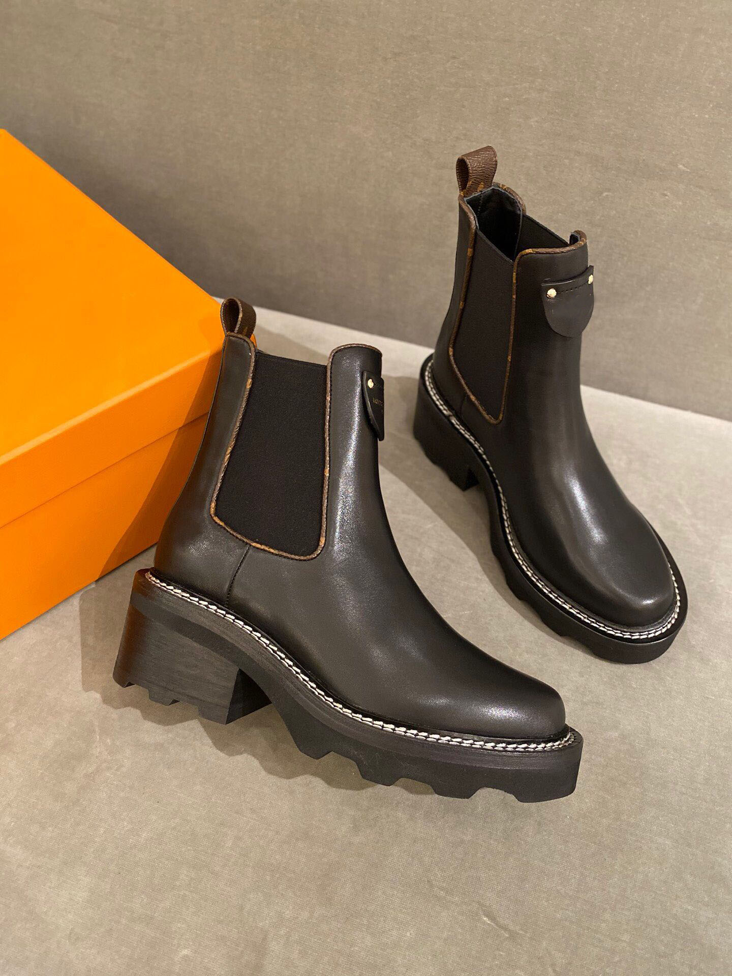 

Elegant Winter Brand Designer Women Ankle Boots Beaubourg Black Calfskin Leather Rubber Lug Sole Lady Booty Famous Party Wedding EU35-40, Originalbox