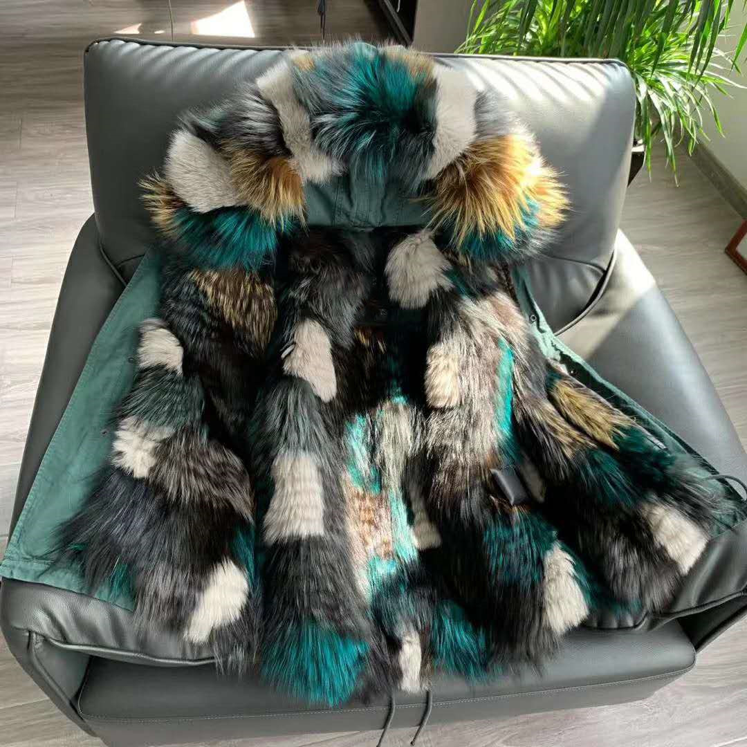 

Women warm coats Mukla furs brand Malachite Green grey white fox fur liner green long jackets snow winter parka