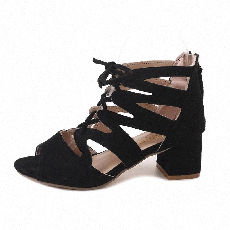 

LISM 2020 New Summer Women Sandals High Heel Flock Cross Straps Fish Mouth Hollow Shoes with Lace Strap Roman Sandals #I395, Black