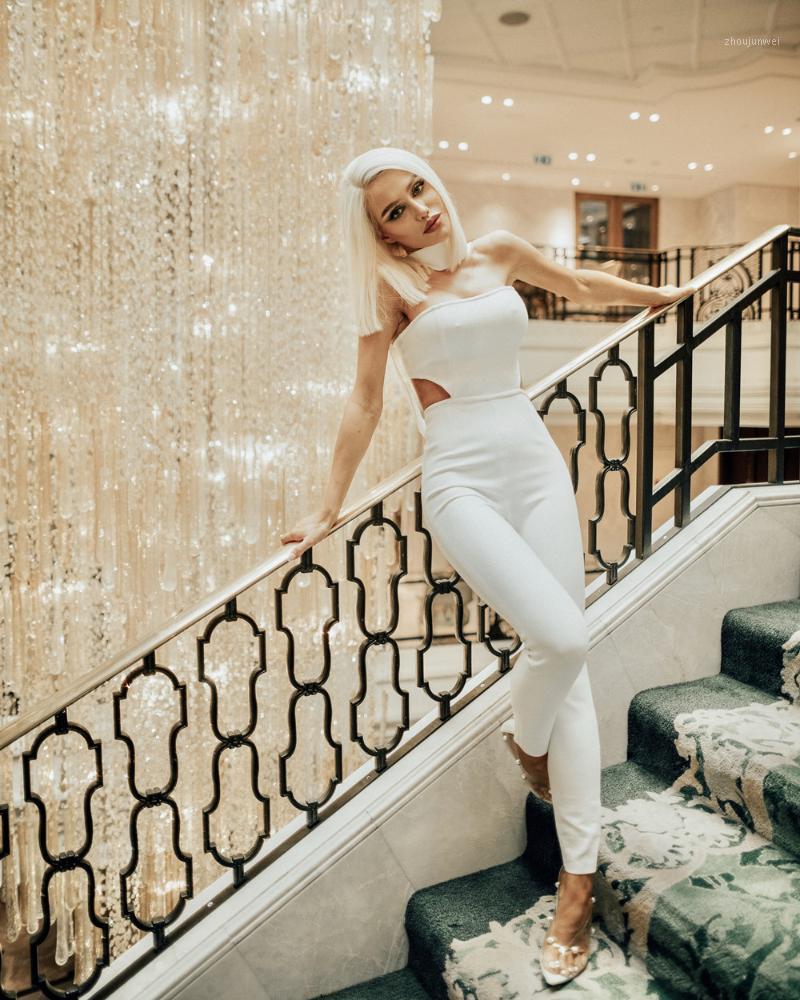 

Women's Jumpsuits & Rompers 2021 Women White Jumpsuit Halter Sleeveless Knitted Bodycon Celebrity Evening Party Bandage, As pic