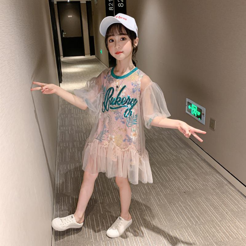 

Kids's wear girls clothes dress summer new trumpet sleeve princess dress Quality mesh evening tutu 3-9 Age child clothing, Photo color