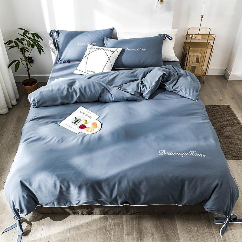

Brief Style Washed Cotton Duvet Cover Pillowcases Bed Sheet 4 Pcs Bed Linen Embroidery Solid Blue Purple Grey Pink Queen1, Color 1