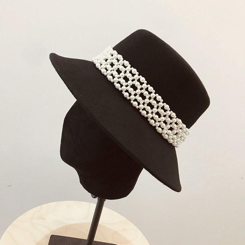 

Fibonacci Winter Wool Felt Fedora Hat Women Bucket Hat Bowler Cloche Black Lady Hats Chapeau Femme Pearl Ribbon Caps