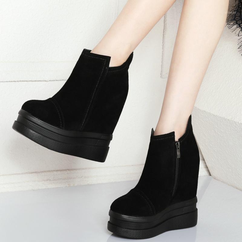 

Fashion Sneakers Women Genuine Leather Wedges High Heel Ankle Boots Female Round Toe Med Top Platform Pumps Shoes Casual Shoes1, Black