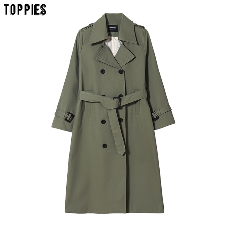 

Toppies New Arrival Long Coat Women Double Breasted Slim Trench Coat Korean Outwear 201102, Gray beige