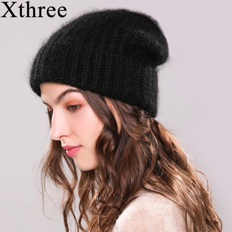 

Xthree Angola fur knitted hat beanie winter hat for women Bonnet girl 's autumn female cap keep warm, White