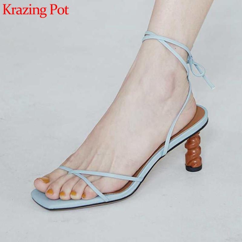 

Krazing pot 2020 summer natural leather peep toe flip-flop strange high heel cross-tied butterfly-knot lace up sandals women L46, White