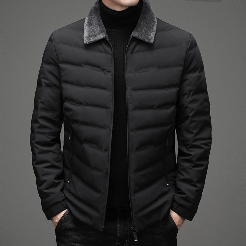 

Down Jacket Male Winter Men Business Casual Lapels Lamb Fur Collar White Duck Down Outer Coat Clothes, Black