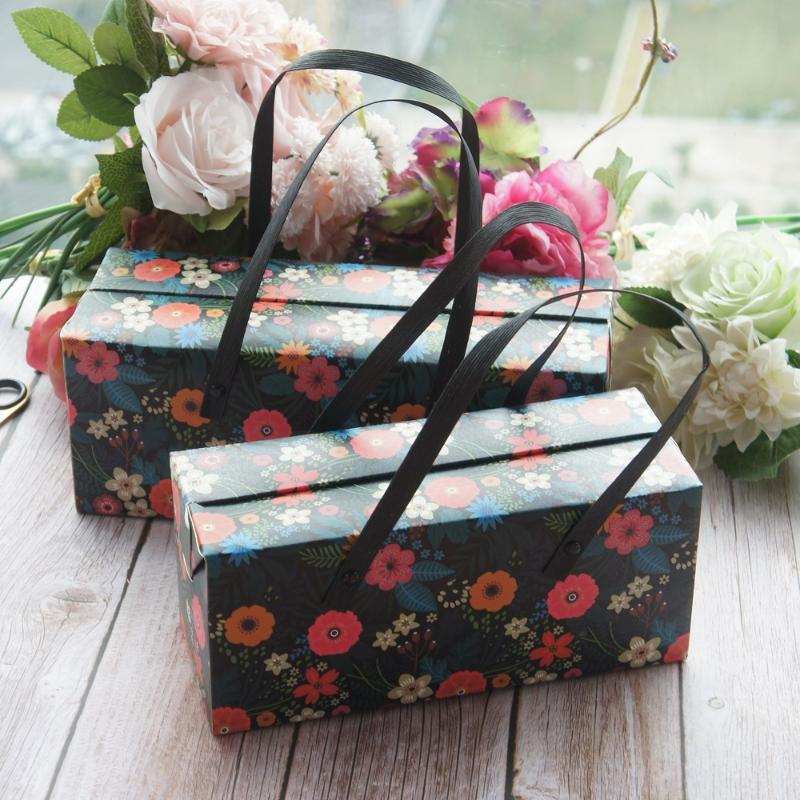 

Deep Blue Colorful Flower 5pcs Portable Paper Box As Roll Cake Cookie Candy Handmade Wedding Birthday Party Gifts Packaging
